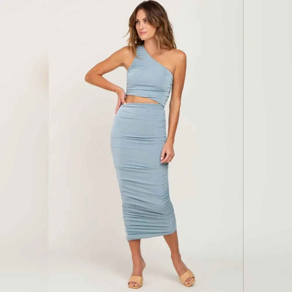 Pinkblush Jade One Shoulder Cutout‎ Ruched Midi Dress M Bodycon Maternity